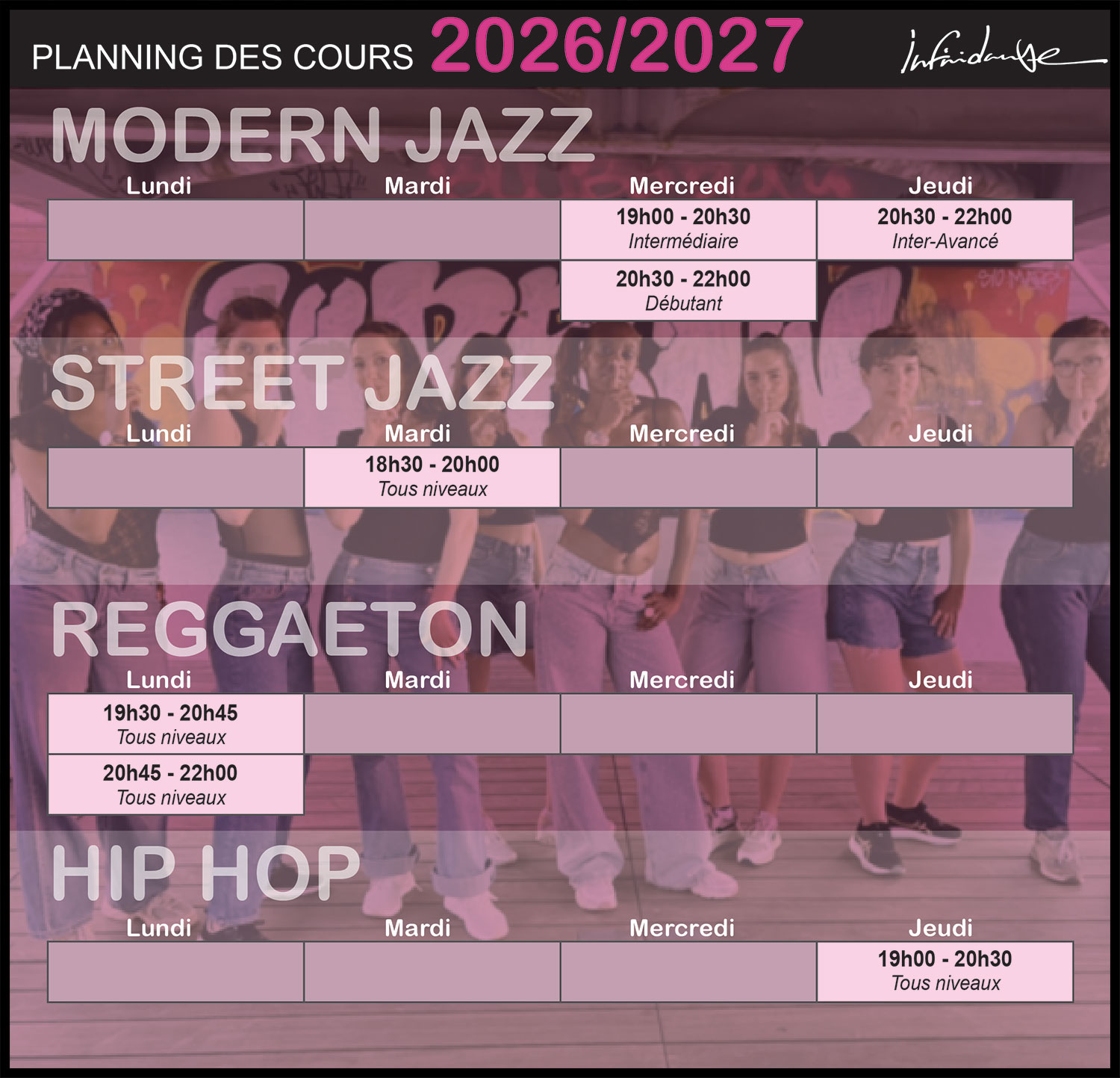 Planning des cours de l'association INFINIDANSE 2026 2027